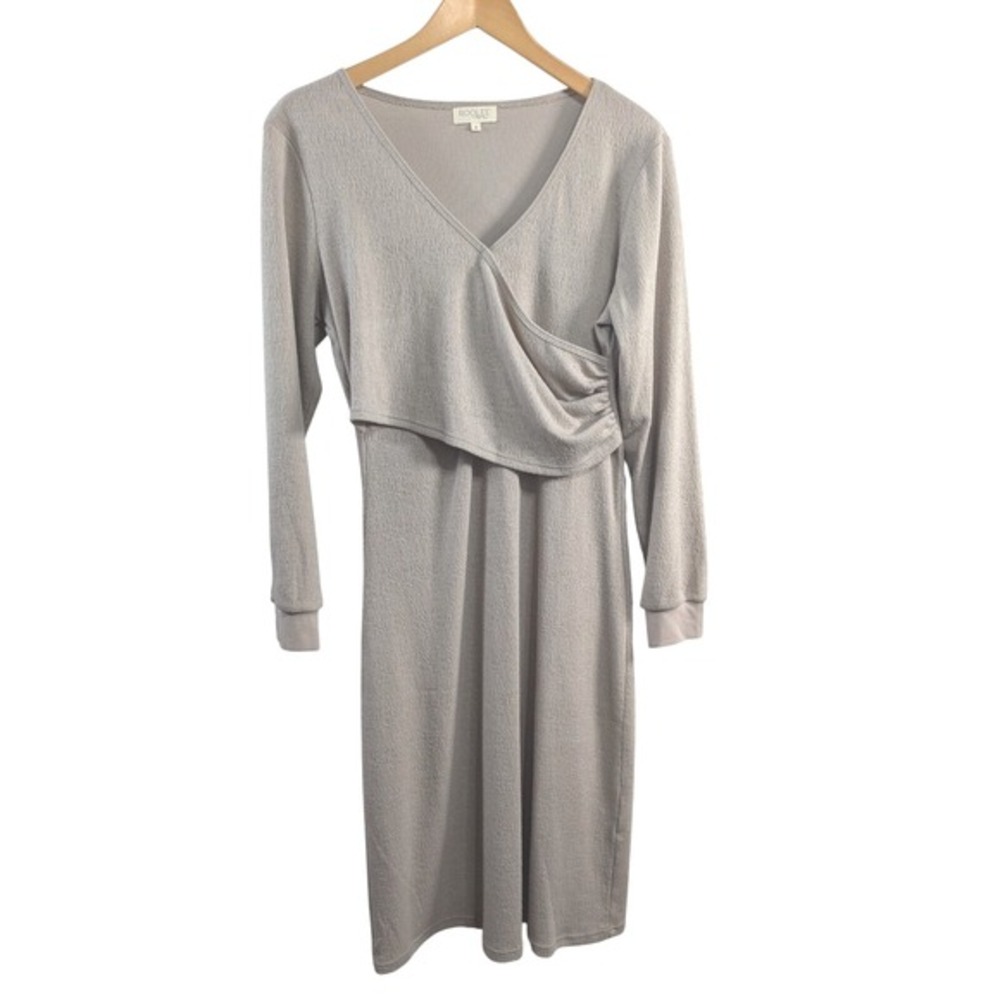 Roolee Mom Womens Mama Bird Faux Wrap Long Sleeve Midi Nursing Dress sz S Beige‎
